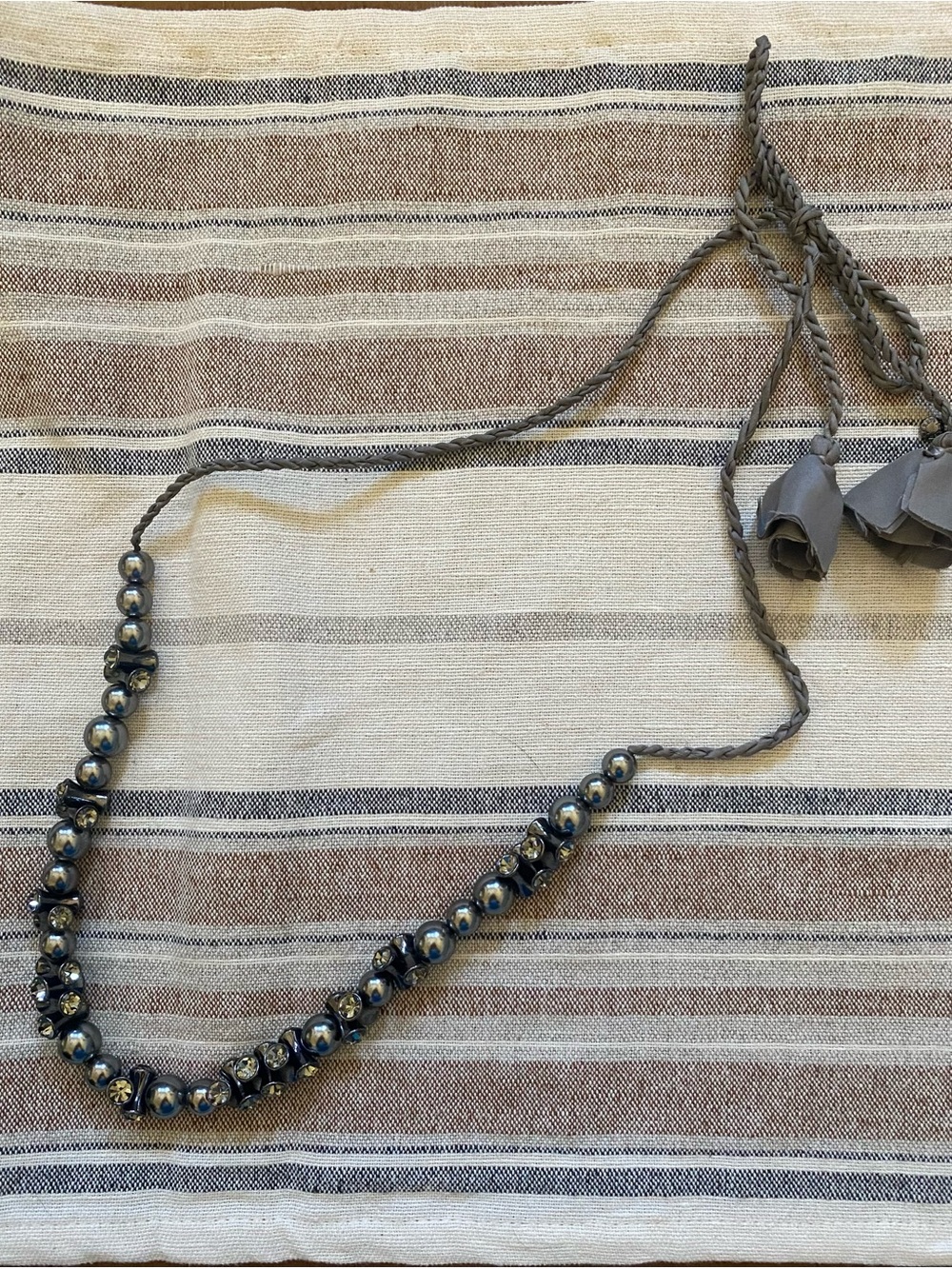 J Crew Boho Braided Tassel Necklace with Gray Beads